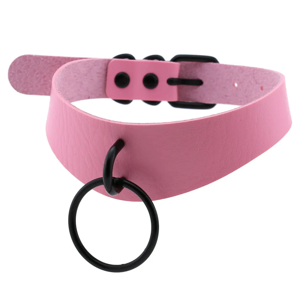 Goth Pink Leather Choker – Punk Spiked Rivet Collar Necklace