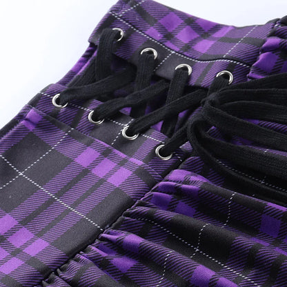 Black Checkered Pleated Gothic Mini Skirt – Punk Plaid Lace-Up Clubwear