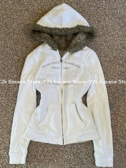 Vintage Letter Fur Collar Hoodie – Y2K Retro Zip-Up Plush Jacket