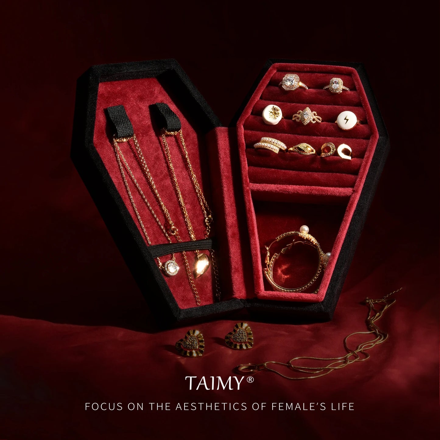 Gothic Velvet Coffin Jewelry Box – Customizable Ring & Necklace Display Case