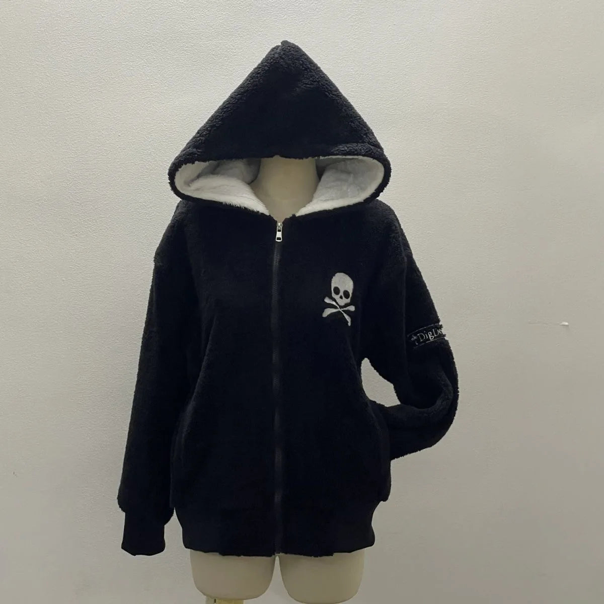Vintage Letter Fur Collar Hoodie – Y2K Retro Zip-Up Plush Jacket