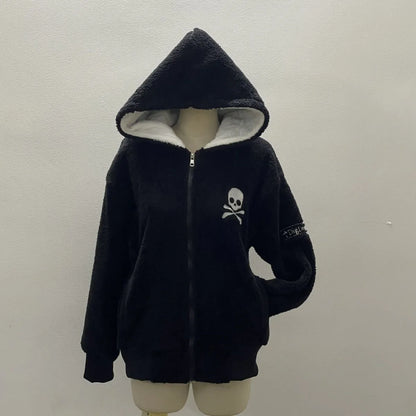 Vintage Letter Fur Collar Hoodie – Y2K Retro Zip-Up Plush Jacket