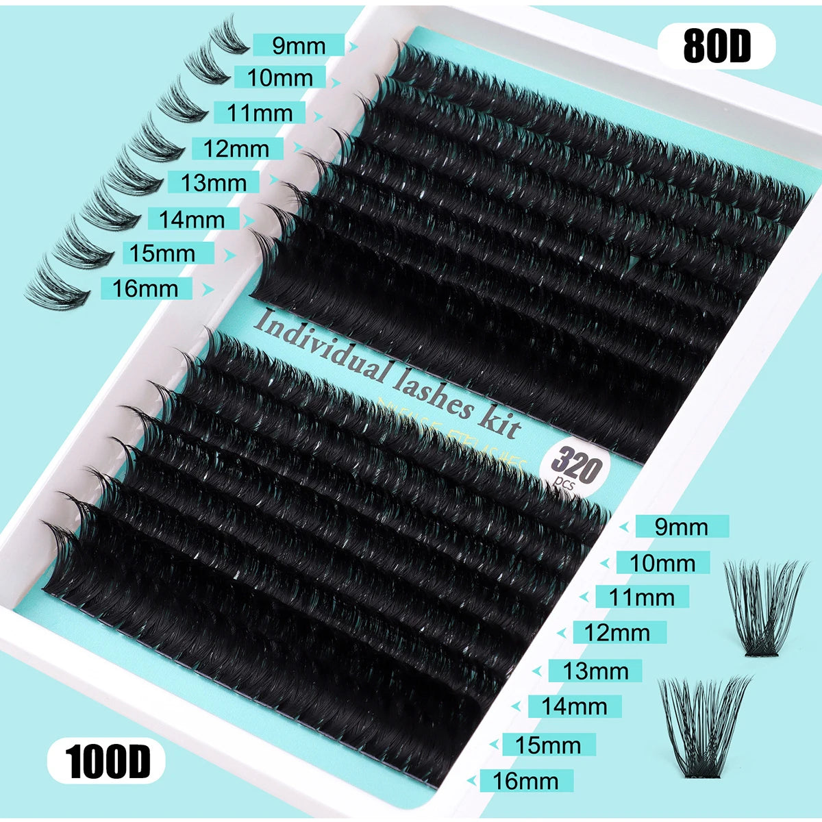 Individual 20–100D Cluster Lashes – 280pcs Mixed Tray Volume Extensions