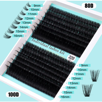 Individual 20–100D Cluster Lashes – 280pcs Mixed Tray Volume Extensions