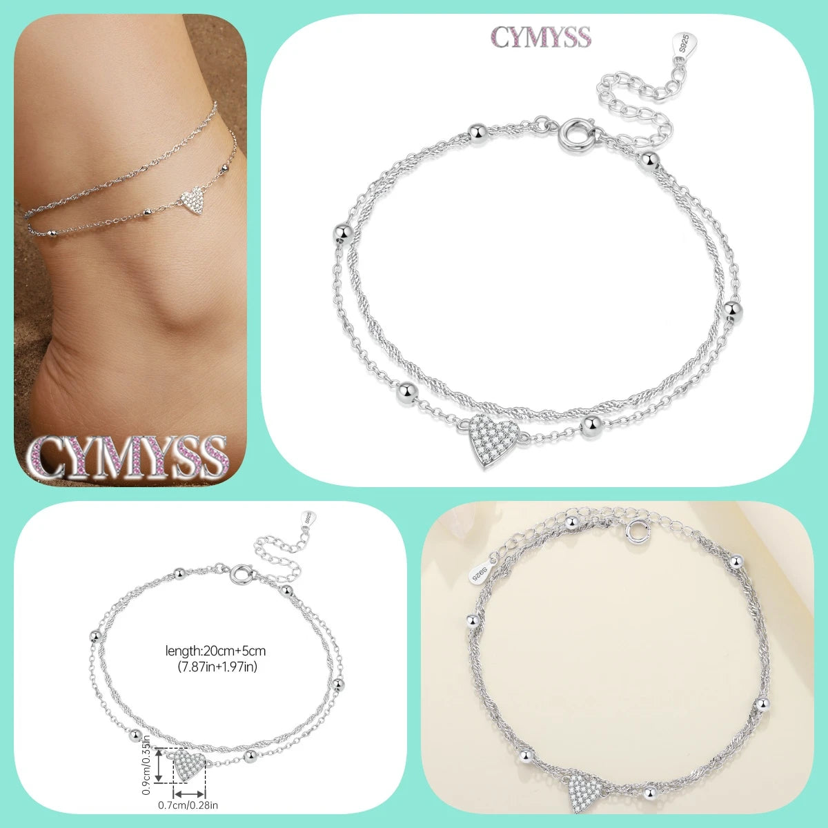 925 Sterling Silver Double-Layer Anklet – Exquisite Zircon Heart Chain Jewelry