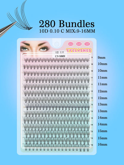 Individual 20–100D Cluster Lashes – 280pcs Mixed Tray Volume Extensions