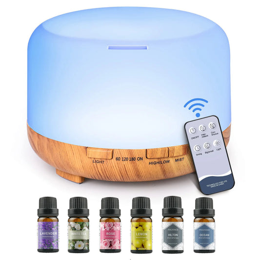 500ml Aromatherapy Oil Diffuser with 6-Bottle Essential Oil Set – Relaxing LED Aroma Humidifier