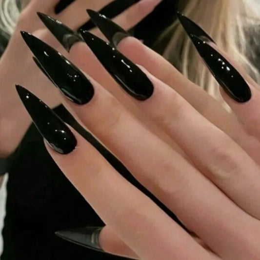 Extra Long Black Stiletto Press-On Nails – 24pc Modern French Style Set 🖤✨