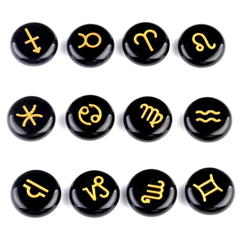 12-Piece Mini Chakra Stones Set – Natural Amethyst, Quartz & Semi-Precious Crystals with Zodiac Symbols