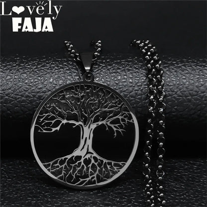 Tree of Life Stainless Steel Necklace – Black Long Pendant for Men & Women