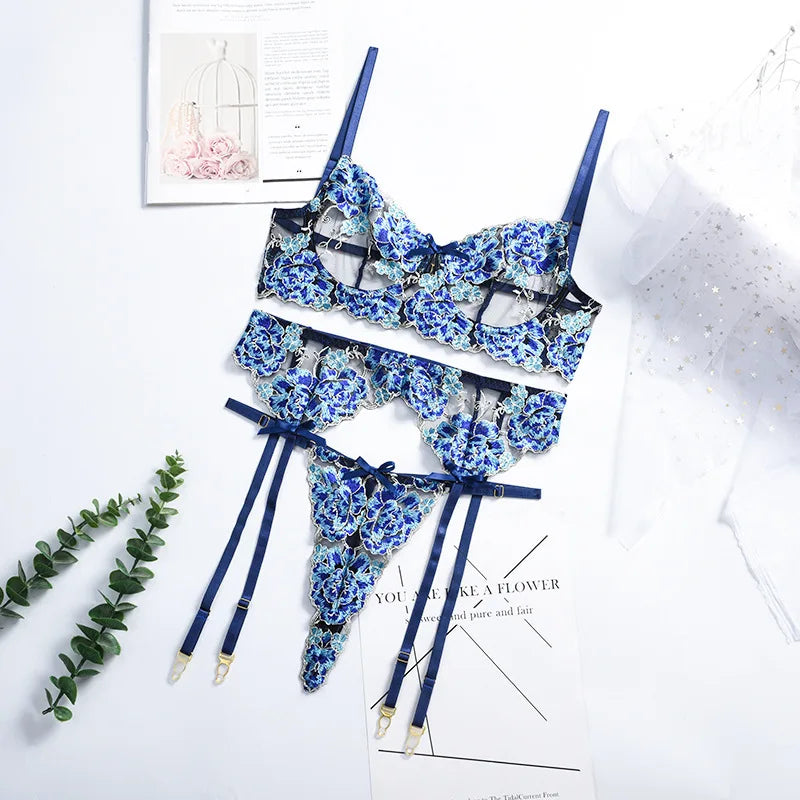 Embroidered Lace Lingerie Set with Garter Belt