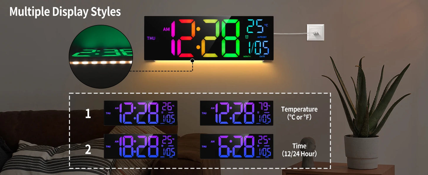 16" RGB LED Digital Wall Clock