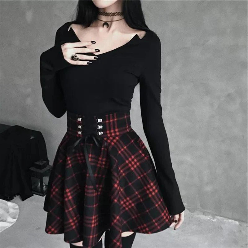 Black Checkered Pleated Gothic Mini Skirt – Punk Plaid Lace-Up Clubwear