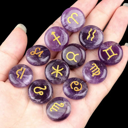 12-Piece Mini Chakra Stones Set – Natural Amethyst, Quartz & Semi-Precious Crystals with Zodiac Symbols