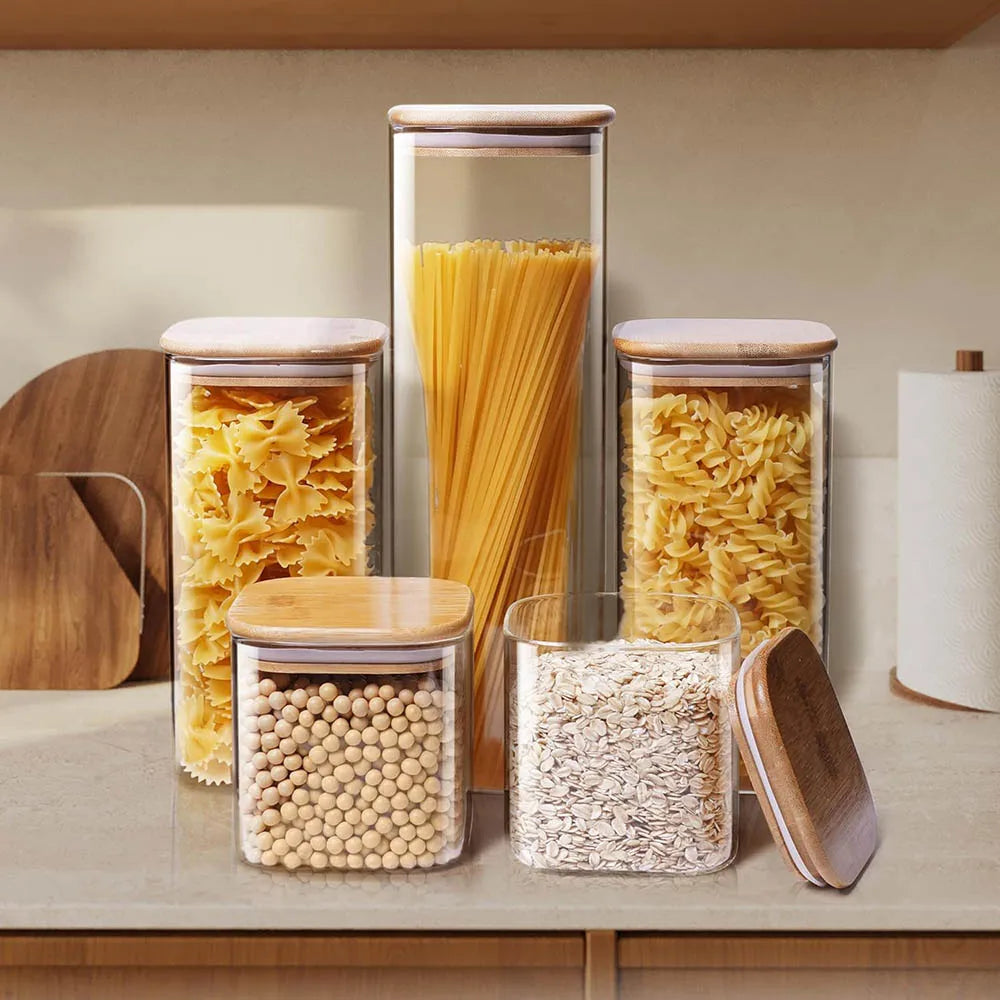 Square Glass Storage Jar with Bamboo Lid