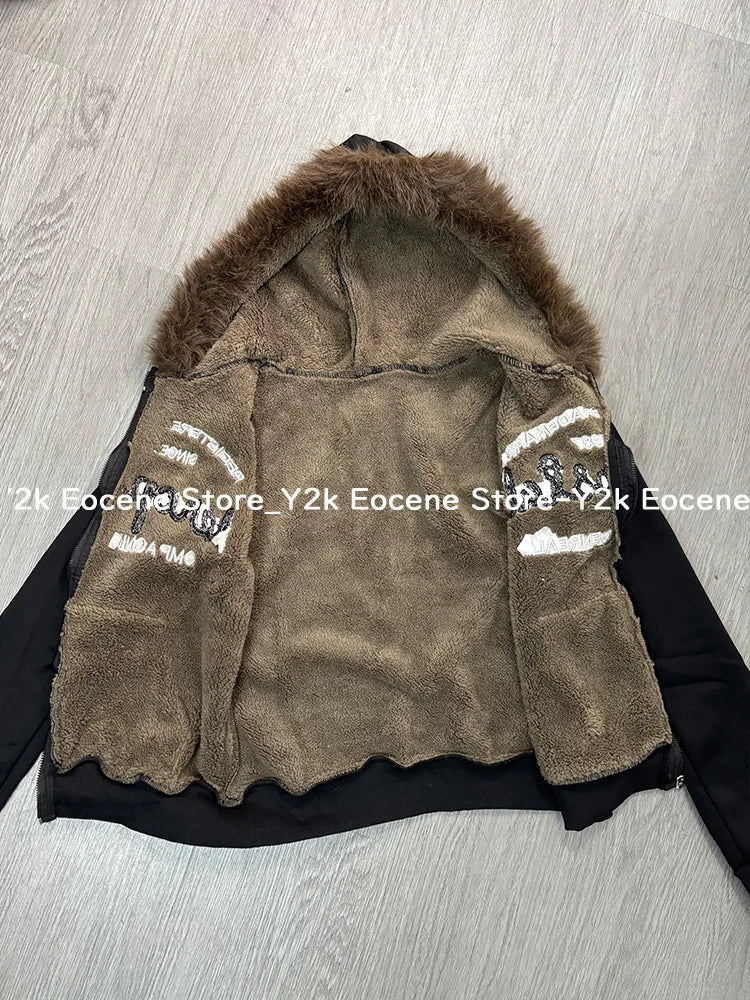 Vintage Letter Fur Collar Hoodie – Y2K Retro Zip-Up Plush Jacket