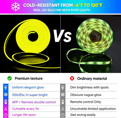 Neon LED Rope Lights – Flexible RGB Strip with Remote & App Control