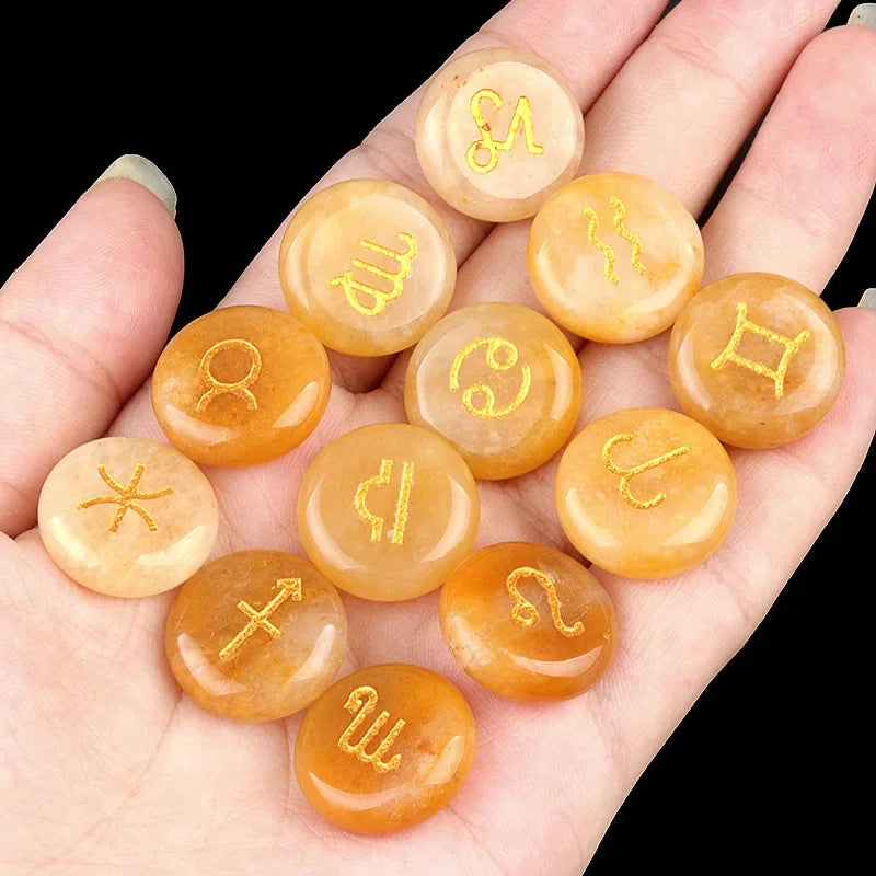 12-Piece Mini Chakra Stones Set – Natural Amethyst, Quartz & Semi-Precious Crystals with Zodiac Symbols