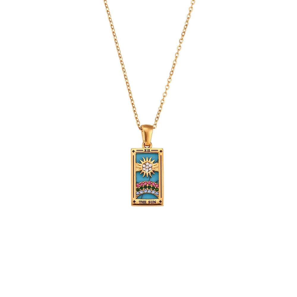 Stainless Steel Moon & Sun Tarot Necklace – Colorful Geometric Pendant