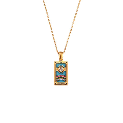 Stainless Steel Moon & Sun Tarot Necklace – Colorful Geometric Pendant