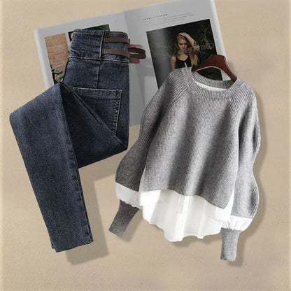 Korean Fashion Two-Piece Set – Fake Layered Shirt Top & Slim Fit Jeans