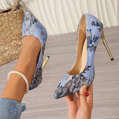 Embroidered Pointed Toe Stiletto Pumps
