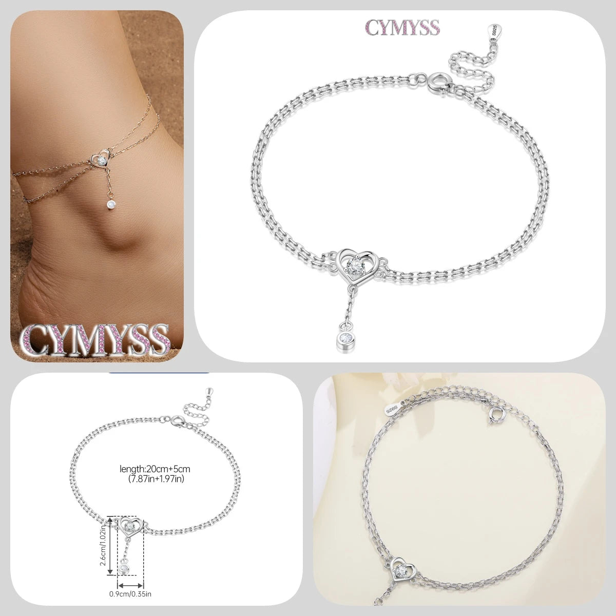 925 Sterling Silver Double-Layer Anklet – Exquisite Zircon Heart Chain Jewelry