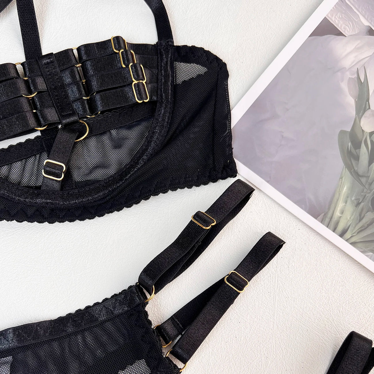 5-Piece Hollow Lingerie Set – Sensual Open Bra & Brief Outfit