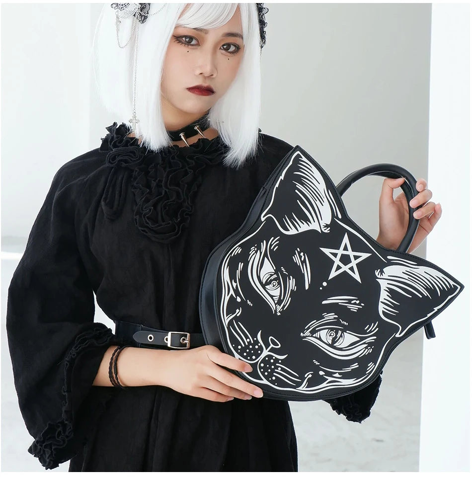 Gothic Pentacle Cat Shoulder Bag – Punk Rock Women’s Black Handbag
