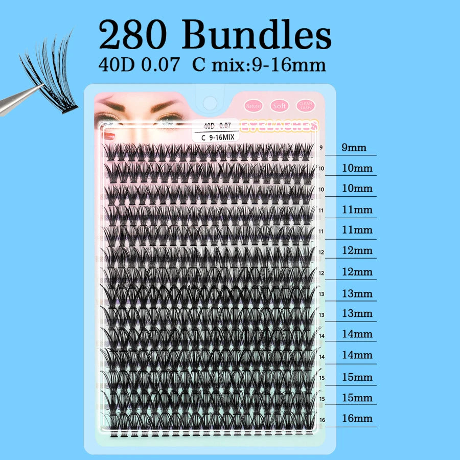 Individual 20–100D Cluster Lashes – 280pcs Mixed Tray Volume Extensions