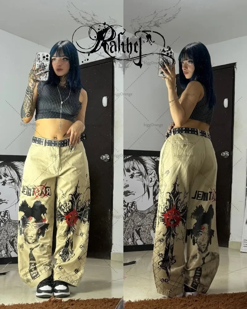 Y2K Gothic Cargo Pants – Wide-Leg Streetwear Trousers with Red Floral Graffiti Print