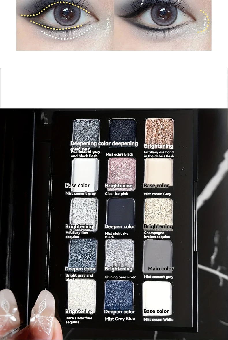 15-Color Pearl Glitter Eyeshadow Palette – Smoky, Cool-Toned, Waterproof Makeup
