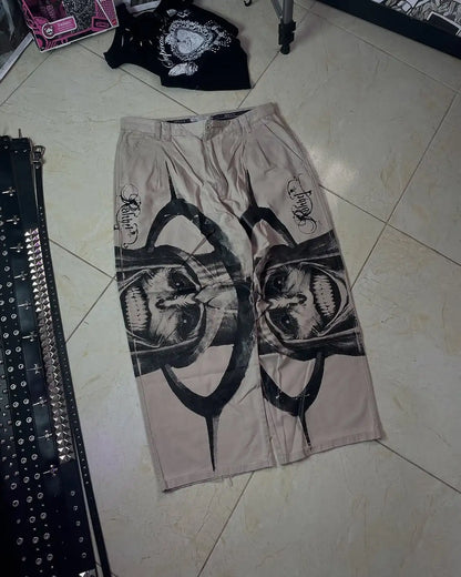 Y2K Gothic Cargo Pants – Wide-Leg Streetwear Trousers with Red Floral Graffiti Print