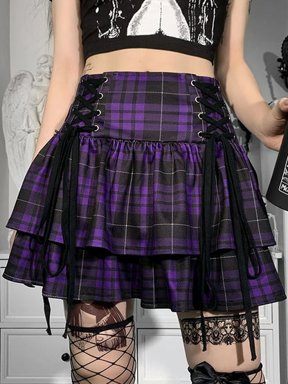 Black Checkered Pleated Gothic Mini Skirt – Punk Plaid Lace-Up Clubwear