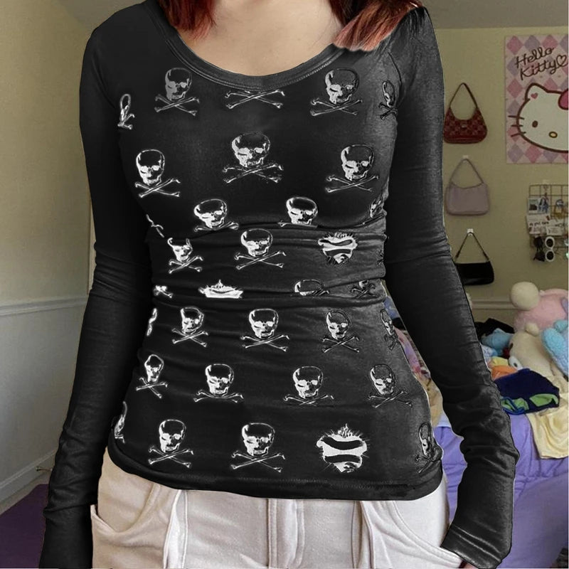 Y2K Gothic Skull Crop Top – Vintage Grunge Graphic Tee for Women