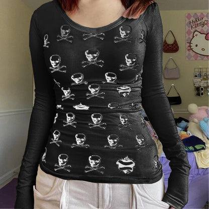 Y2K Gothic Skull Crop Top – Vintage Grunge Graphic Tee for Women