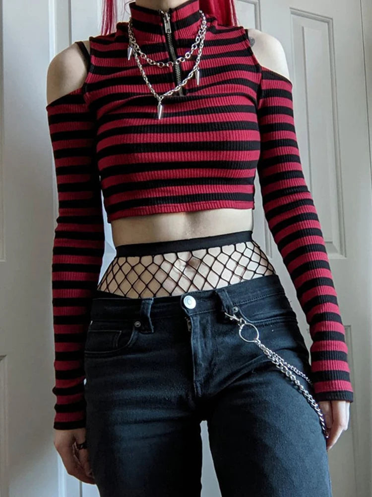Punk Y2K Red Stripe Off-Shoulder Crop Top – Gothic Mall Aesthetic