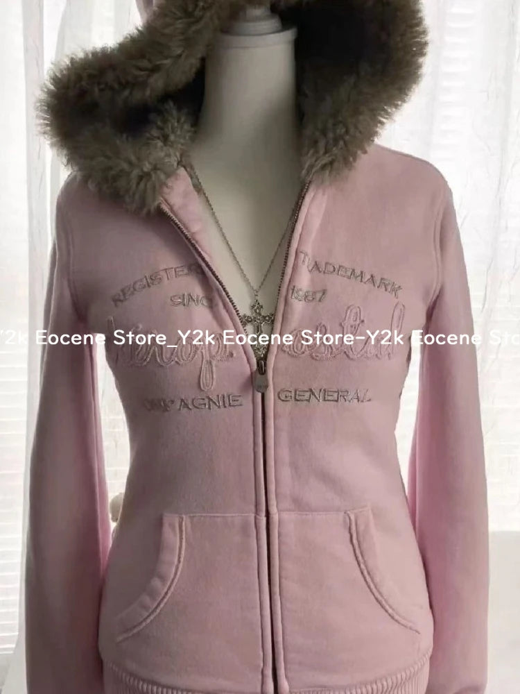 Vintage Letter Fur Collar Hoodie – Y2K Retro Zip-Up Plush Jacket