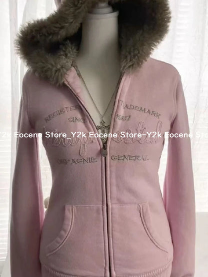 Vintage Letter Fur Collar Hoodie – Y2K Retro Zip-Up Plush Jacket