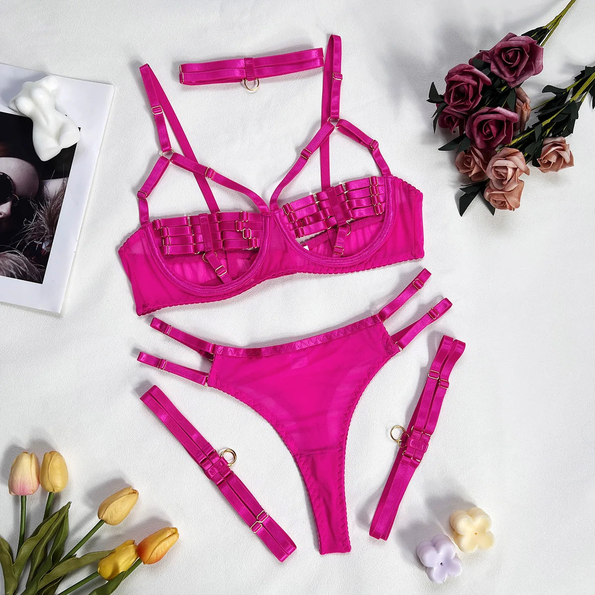 5-Piece Hollow Lingerie Set – Sensual Open Bra & Brief Outfit