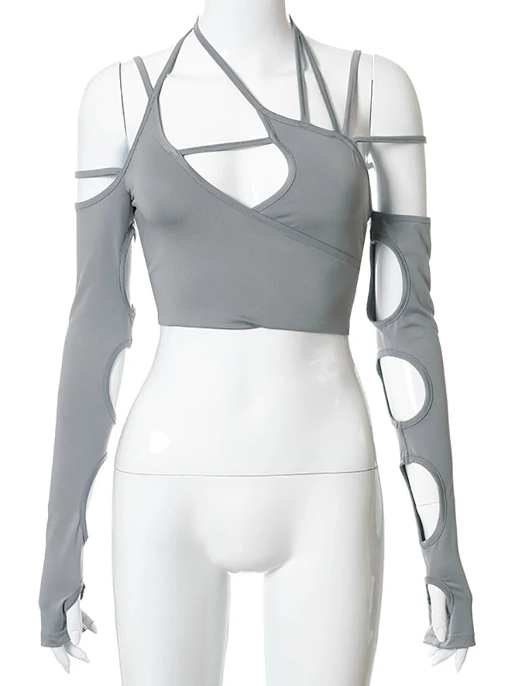 Goth Dark Cyber Y2K Halter Crop Top – Patchwork Long Sleeve Cut-Out Tee