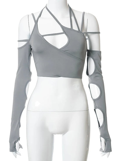Goth Dark Cyber Y2K Halter Crop Top – Patchwork Long Sleeve Cut-Out Tee