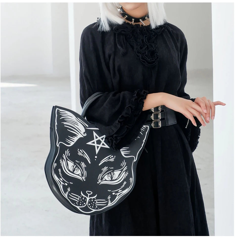 Gothic Pentacle Cat Shoulder Bag – Punk Rock Women’s Black Handbag