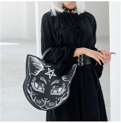 Gothic Pentacle Cat Shoulder Bag – Punk Rock Women’s Black Handbag