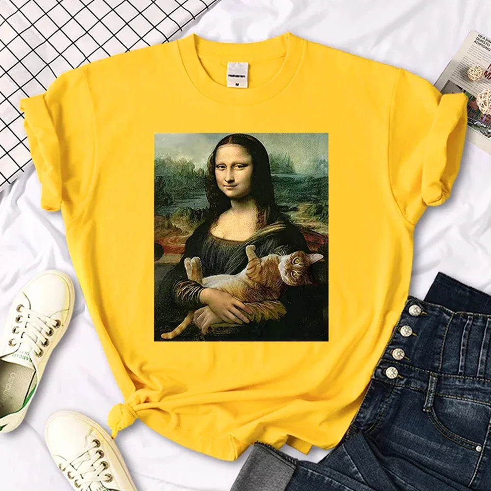 Mona Lisa Funny Cat T-Shirt – Oversized Art Print Crewneck Tee for Women