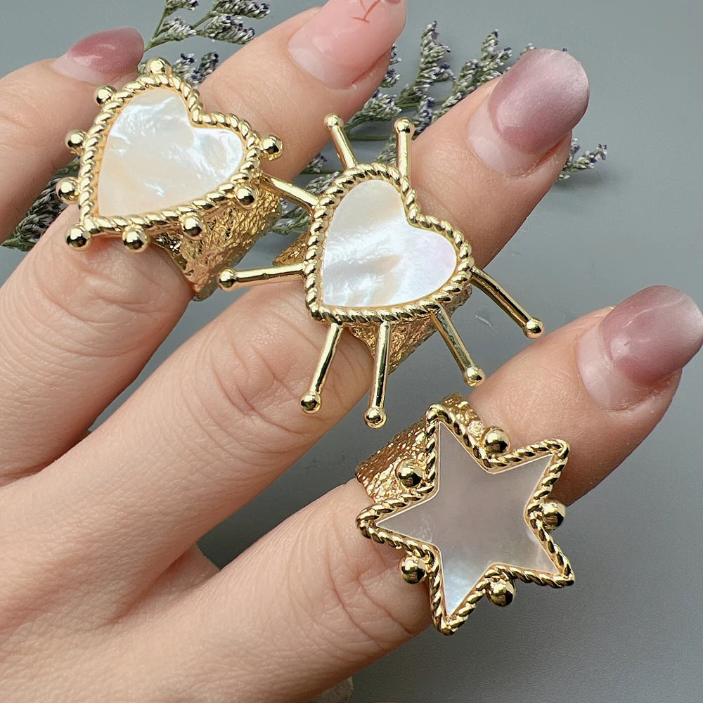 Natural Sea Shell Heart &amp; Star Adjustable Rings – Ocean-Inspired Elegance