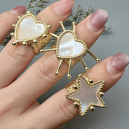 Natural Sea Shell Heart &amp; Star Adjustable Rings – Ocean-Inspired Elegance