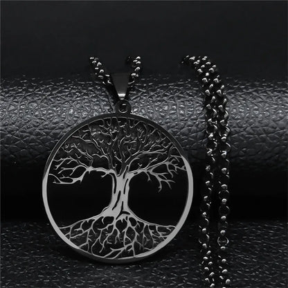 Tree of Life Stainless Steel Necklace – Black Long Pendant for Men & Women