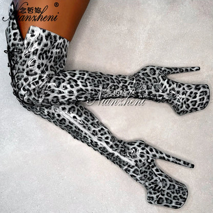 Blue Leopard Over-the-Knee Platform Boots