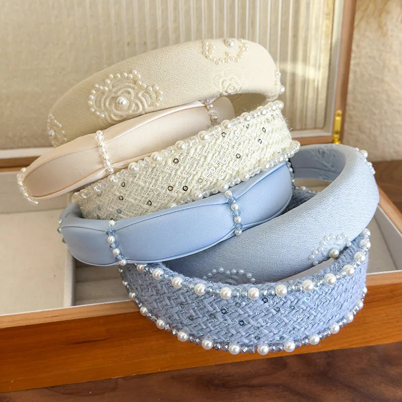 Retro Rose Print Pearl & Crystal Headband – Elegant Party Hair Accessory
